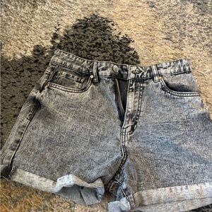 High-Waist Mineral Wash Denim Shorts - Gray